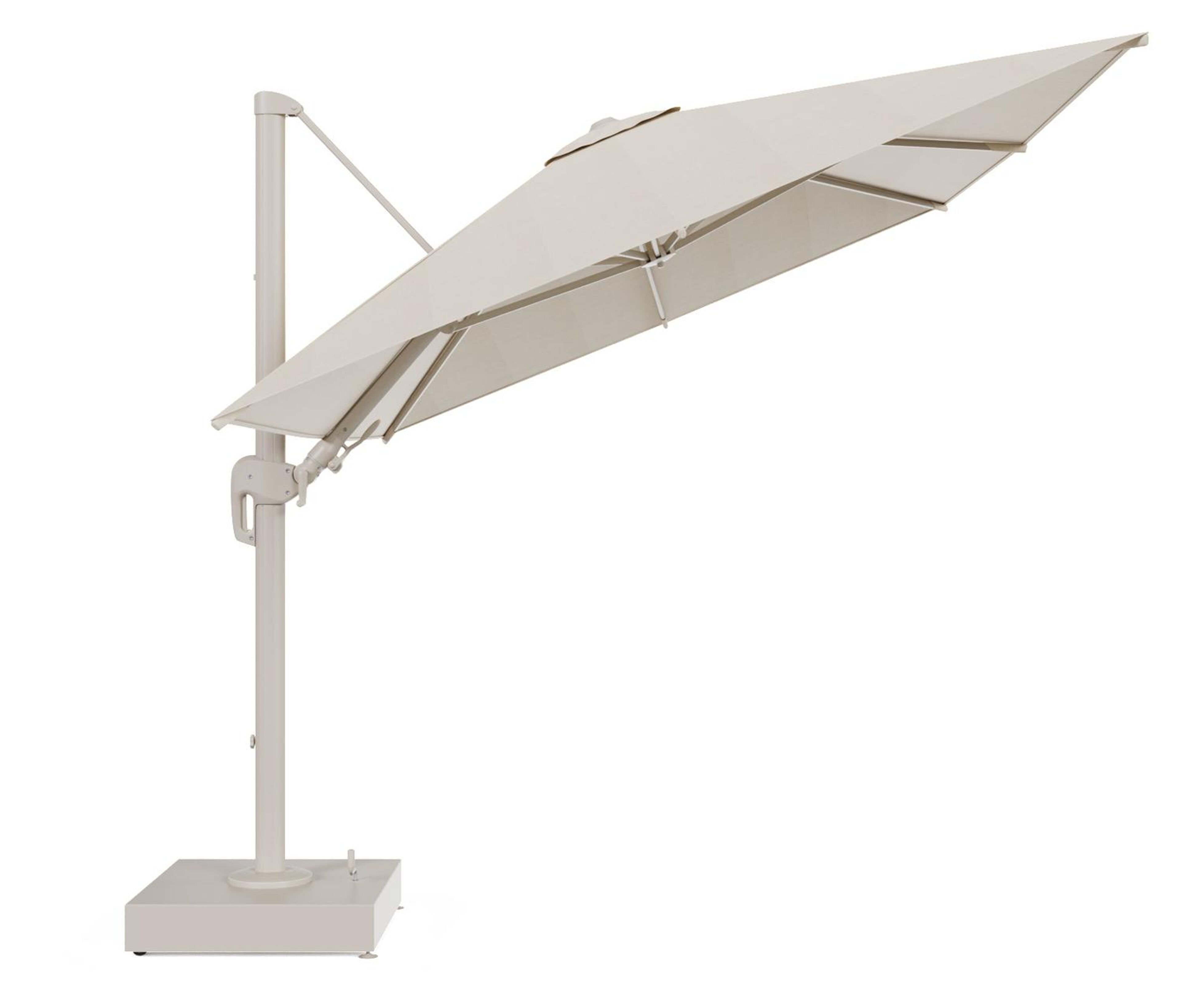 Rufina zweefparasol met tiltfunctie in beige aluminium en beige All Weather Sunbrella® Premium parasoldoek - L1 350 x L2 250 cm met parasolvoet Minore 150 kg met wielen