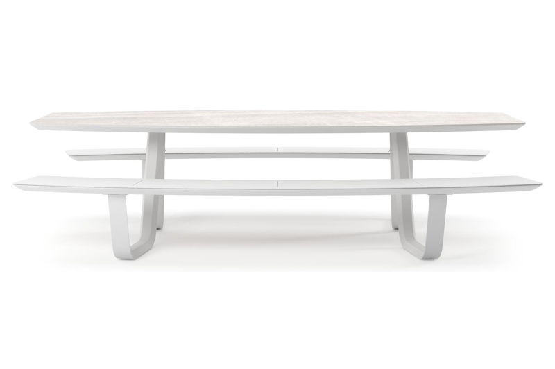 Table de pique-nique Forno forme de bateau en aluminium blanc et céramique pleine Taj Mahal - Lg. 280 x Lrg. 192 x Haut. 72 cm