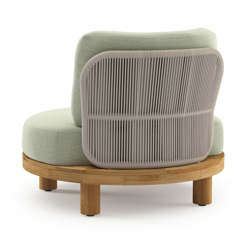 Donato loungestoel in teak en beige verticaal geweven ronde rope met all weather sunbrella® luxe Slow Spirea kussen