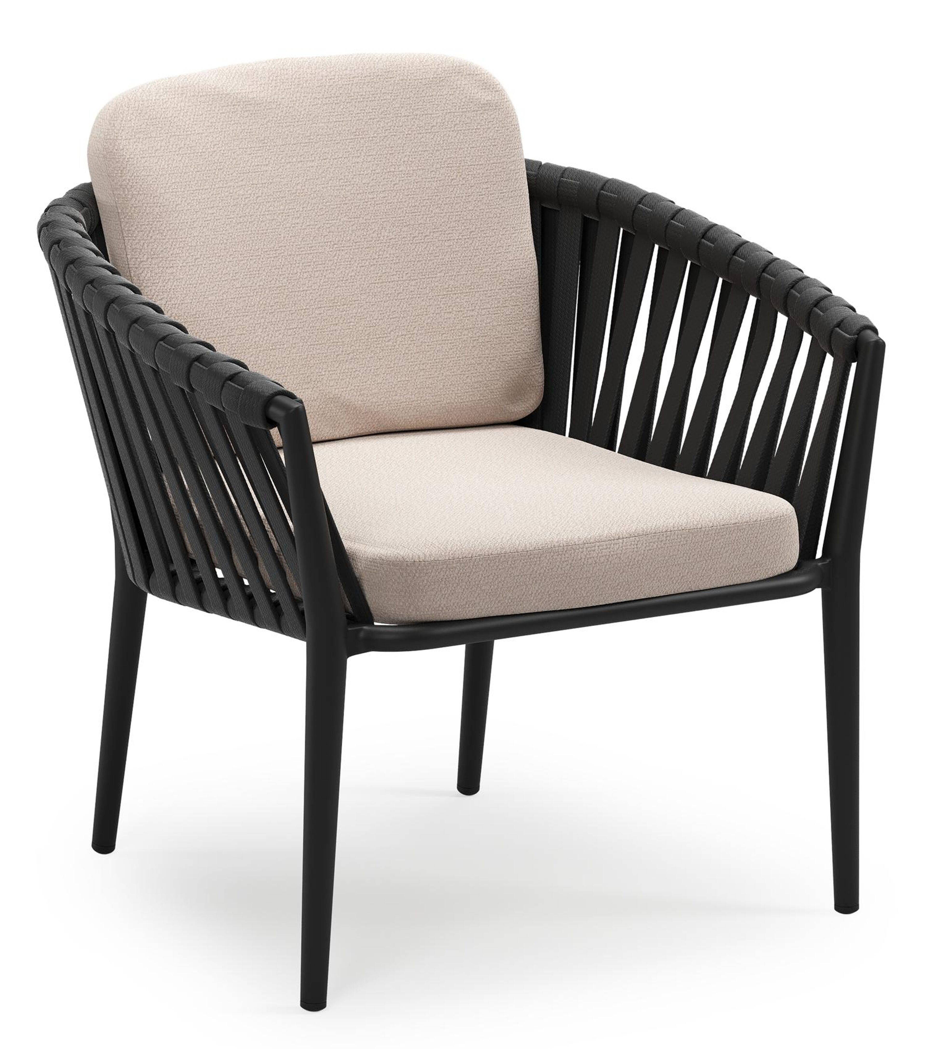 Orso low dining tuinstoel in zwart aluminium en zwart verticaal geweven luxe vlakke brede rope met stoelkussen in All Weather Sunbrella® Luxe Wander Pilat