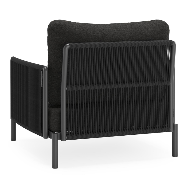 Fauteuil de jardin Amarante en aluminium noir et corde ronde tissée verticalement noir et coussins en weather+ softtouch noir