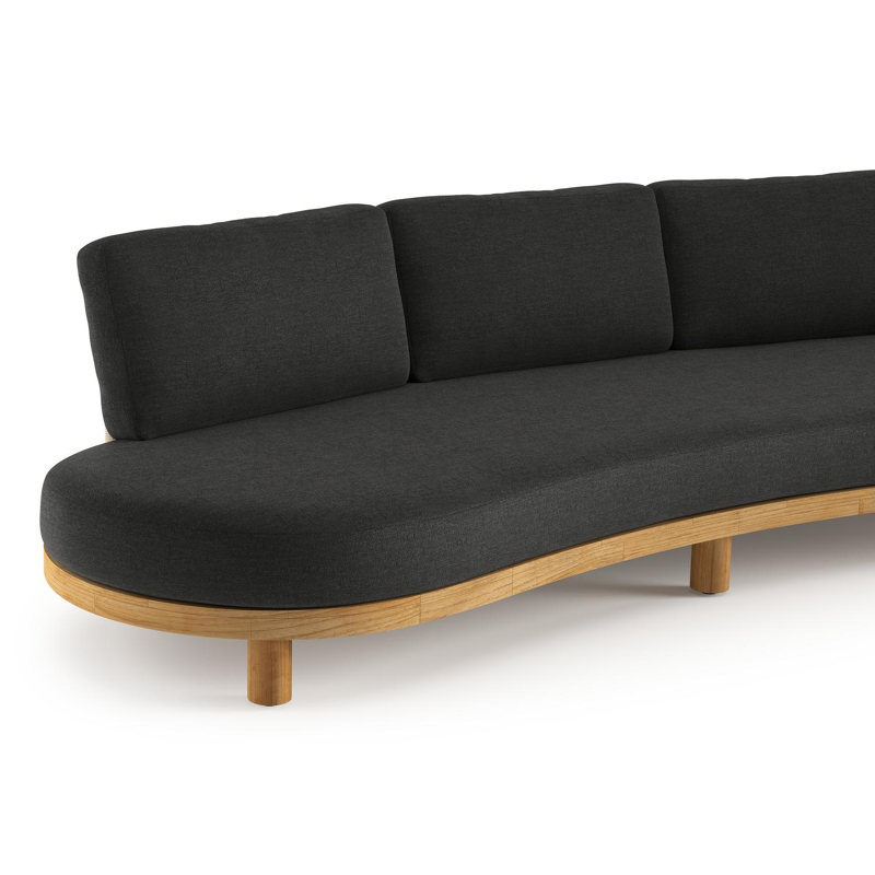 Donato loungebank in teak en beige verticaal geweven ronde rope met all weather sunbrella® luxe Chartres Sooty kussen