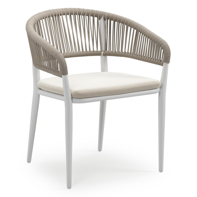 Tolfa stapelbare tuinstoel in wit aluminium en beige verticaal geweven ronde rope met stoelkussen in All Weather Sunbrella® Luxe Lopi Marble