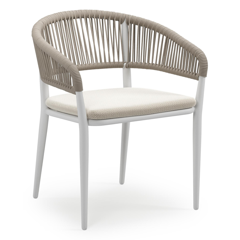 Tolfa stapelbare tuinstoel in wit aluminium en beige verticaal geweven ronde rope met stoelkussen in All Weather Sunbrella® Luxe Lopi Marble