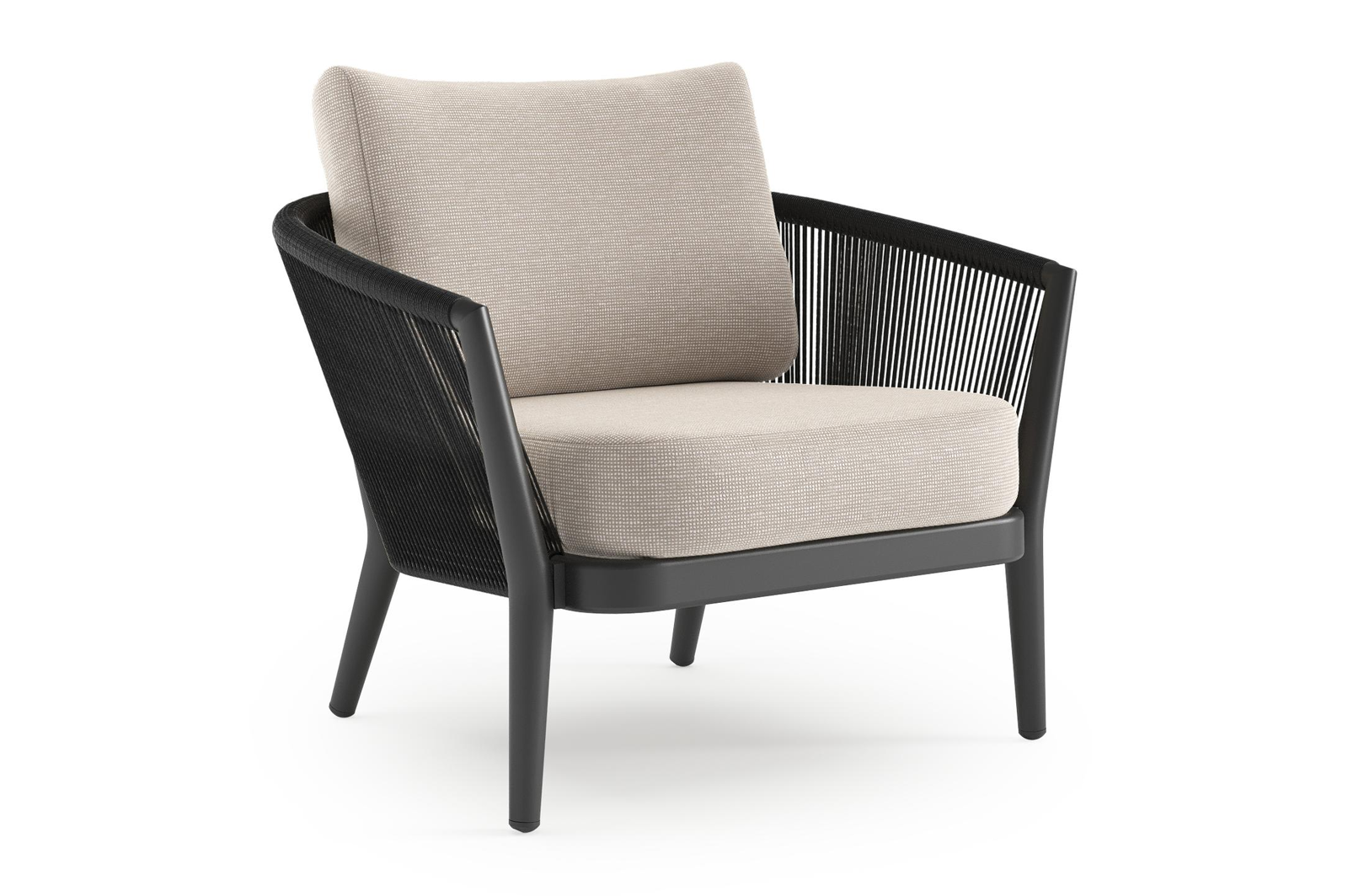 Fauteuil de jardin Orso en aluminium noir en corde ronde tissée verticalement noir et coussins en all weather sunbrella® luxe Slow Farafra