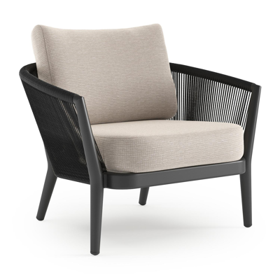 Orso loungestoel in zwart aluminium en zwart verticaal geweven ronde rope met Slow Farafra all weather sunbrella® luxe kussen