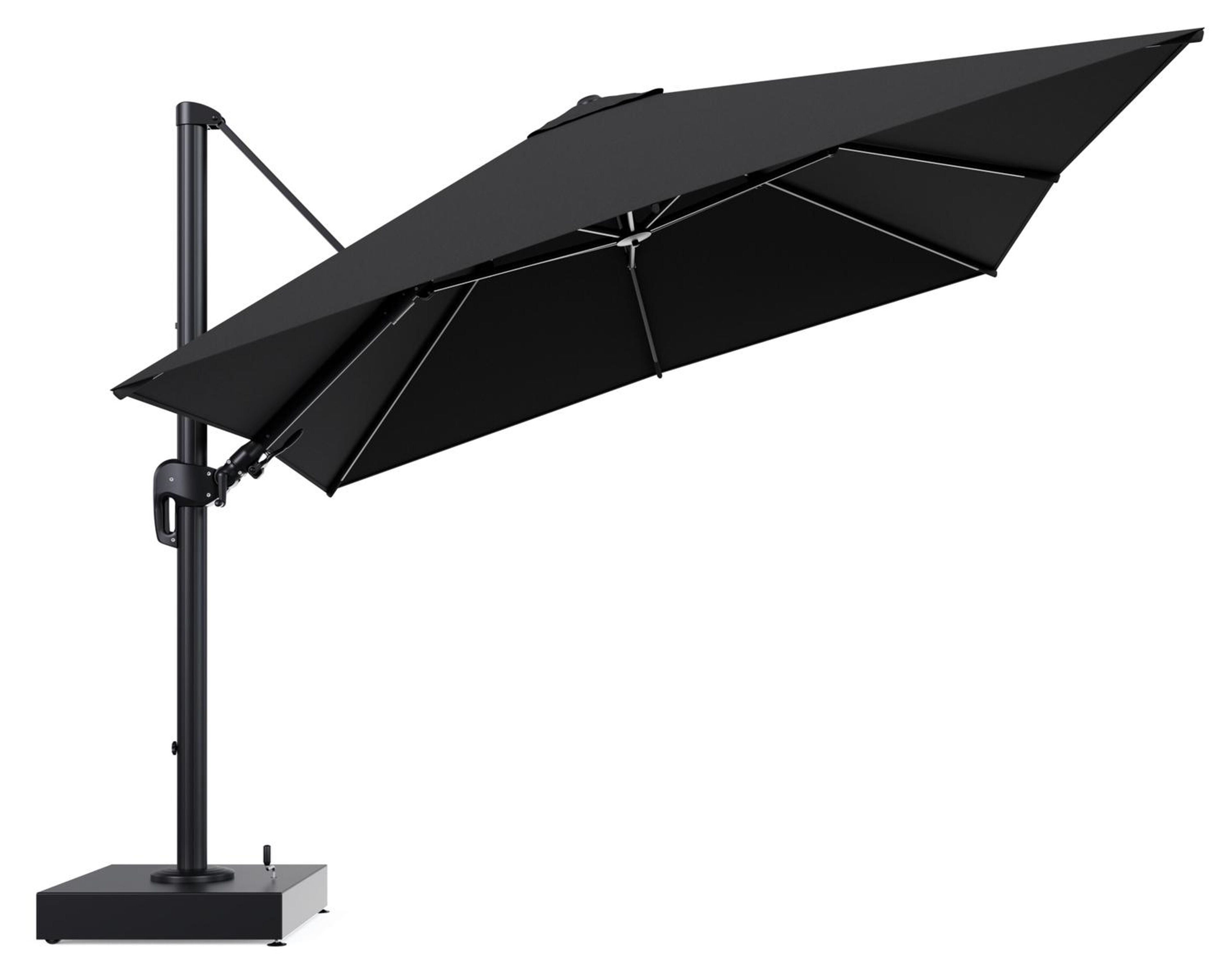 Rufina zweefparasol met tiltfunctie in zwart aluminium en Natte Sooty All Weather Sunbrella® Luxe parasoldoek - L1 300 x L2 300 cm met parasolvoet Minore 150 kg met wielen