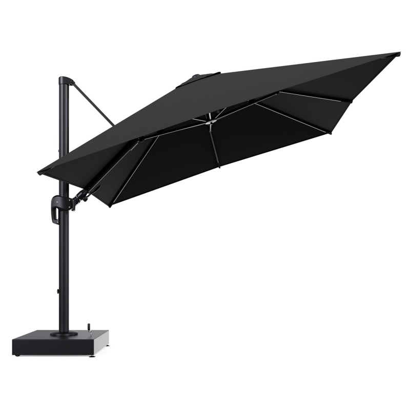 Rufina zweefparasol met tiltfunctie in zwart aluminium en Natte Sooty All Weather Sunbrella® Luxe parasoldoek - L1 300 x L2 300 cm met parasolvoet Minore 150 kg met wielen