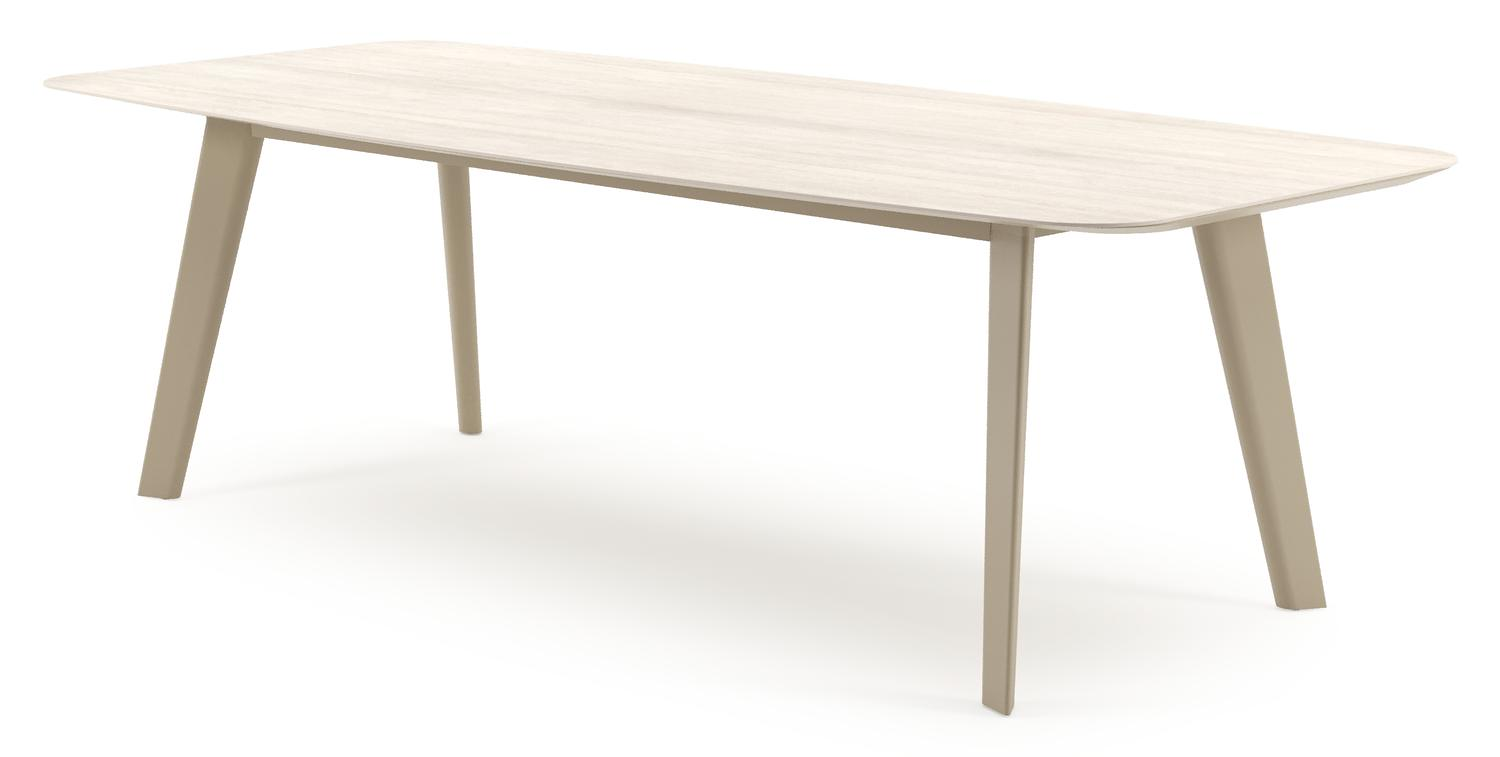 Table de jardin Lacrima forme de bateau en aluminium beige et céramique pleine Travertino Bianco - Lg. 255 x Lrg. 115 x Haut. 74 cm