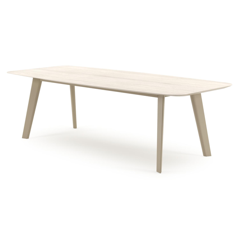 Table de jardin Lacrima forme de bateau en aluminium beige et céramique pleine Travertino Bianco - Lg. 255 x Lrg. 115 x Haut. 74 cm