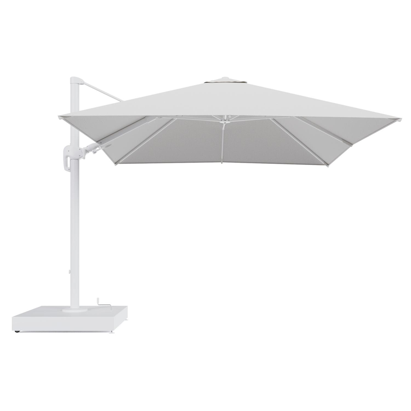 Rufina zweefparasol met tiltfunctie in wit aluminium en Ego Birch All Weather Solica parasoldoek - L1 300 x L2 300 cm met parasolvoet Minore 260 kg met wielen