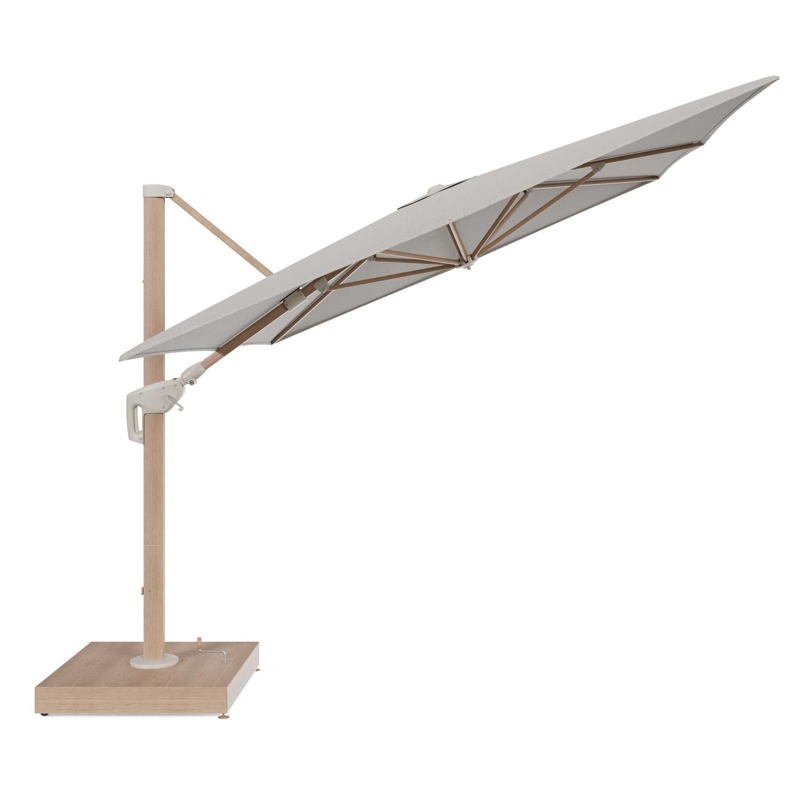 Minore zweefparasol met tiltfunctie in houtlook aluminium en Firenze Sand All Weather Solica parasoldoek - L1 400 x L2 300 cm met parasolvoet Minore 260 kg met wielen
