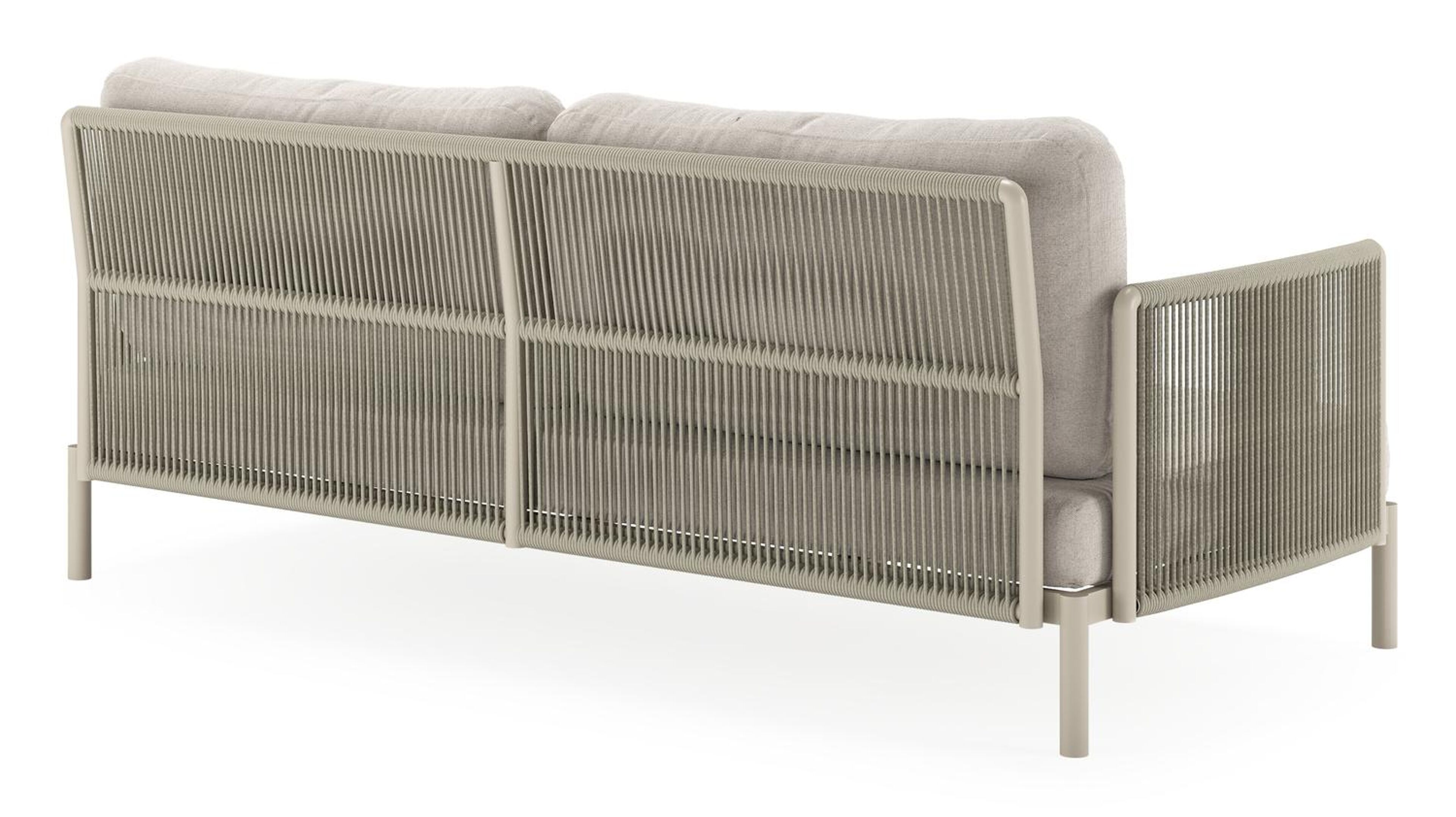 Amarante loungeset in beige aluminium en beige verticaal geweven ronde rope met beige Weather+ Softtouch kussen