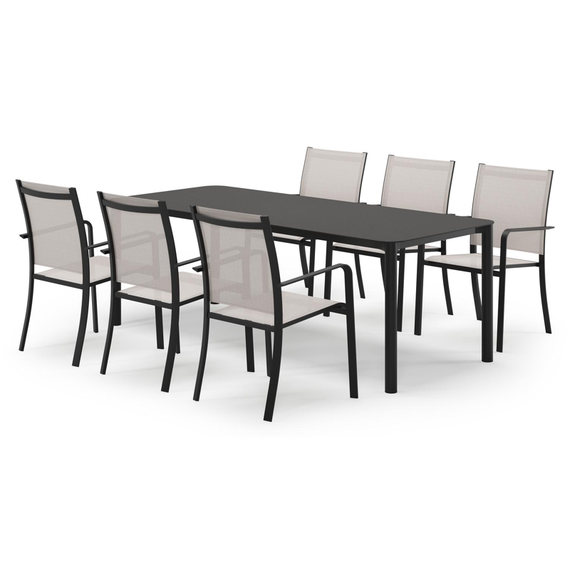 Mira rechthoekige afgeronde tuinset in zwart aluminium en sintered stone notte minerale met 6 Calobra tuinstoelen