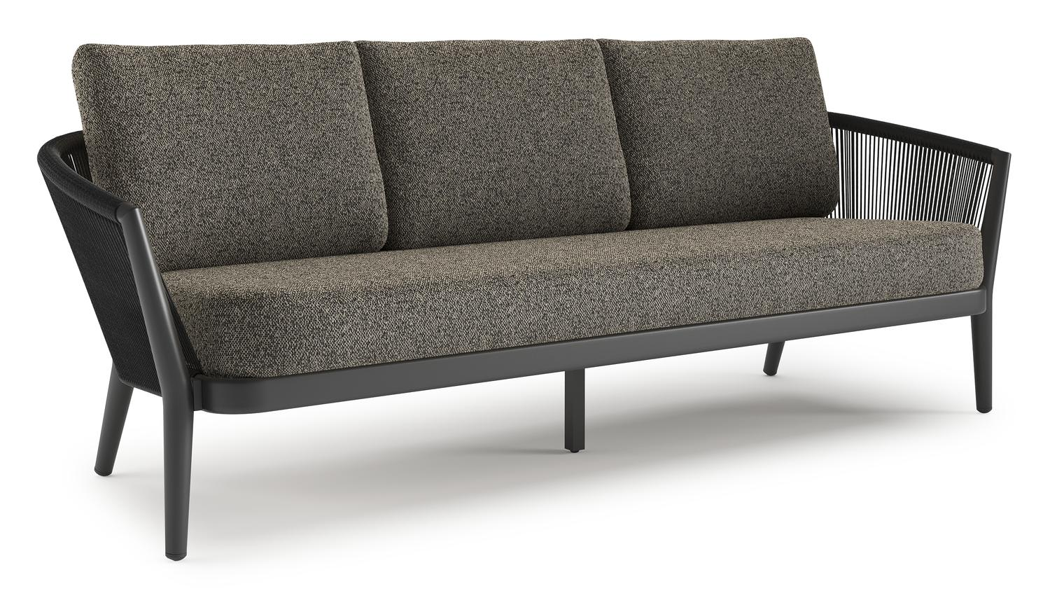 Canapé de jardin Orso en aluminium noir en corde ronde tissée verticalement noir et coussins en all weather cosytica Marbella Tunder