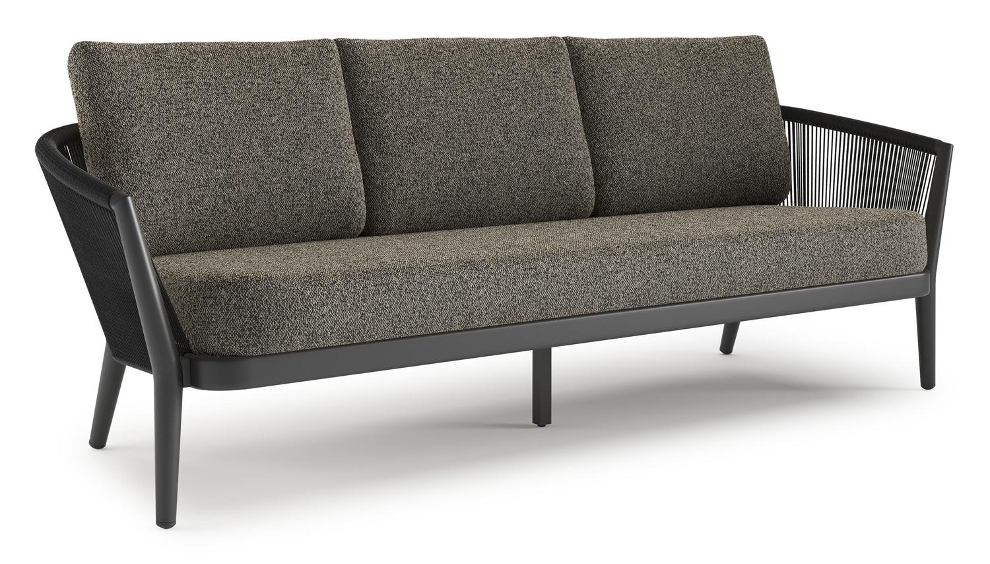 Orso loungebank in zwart aluminium en zwart verticaal geweven ronde rope met Marbella Tunder all weather cosytica kussen