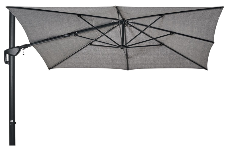 Parasol pendant Minore avec fonction tilt en aluminium noir avec toile de parasol en all weather sunbrella® luxe chartres drizzle - Larg1 370 x Larg2 280 cm (sans pied de parasol)