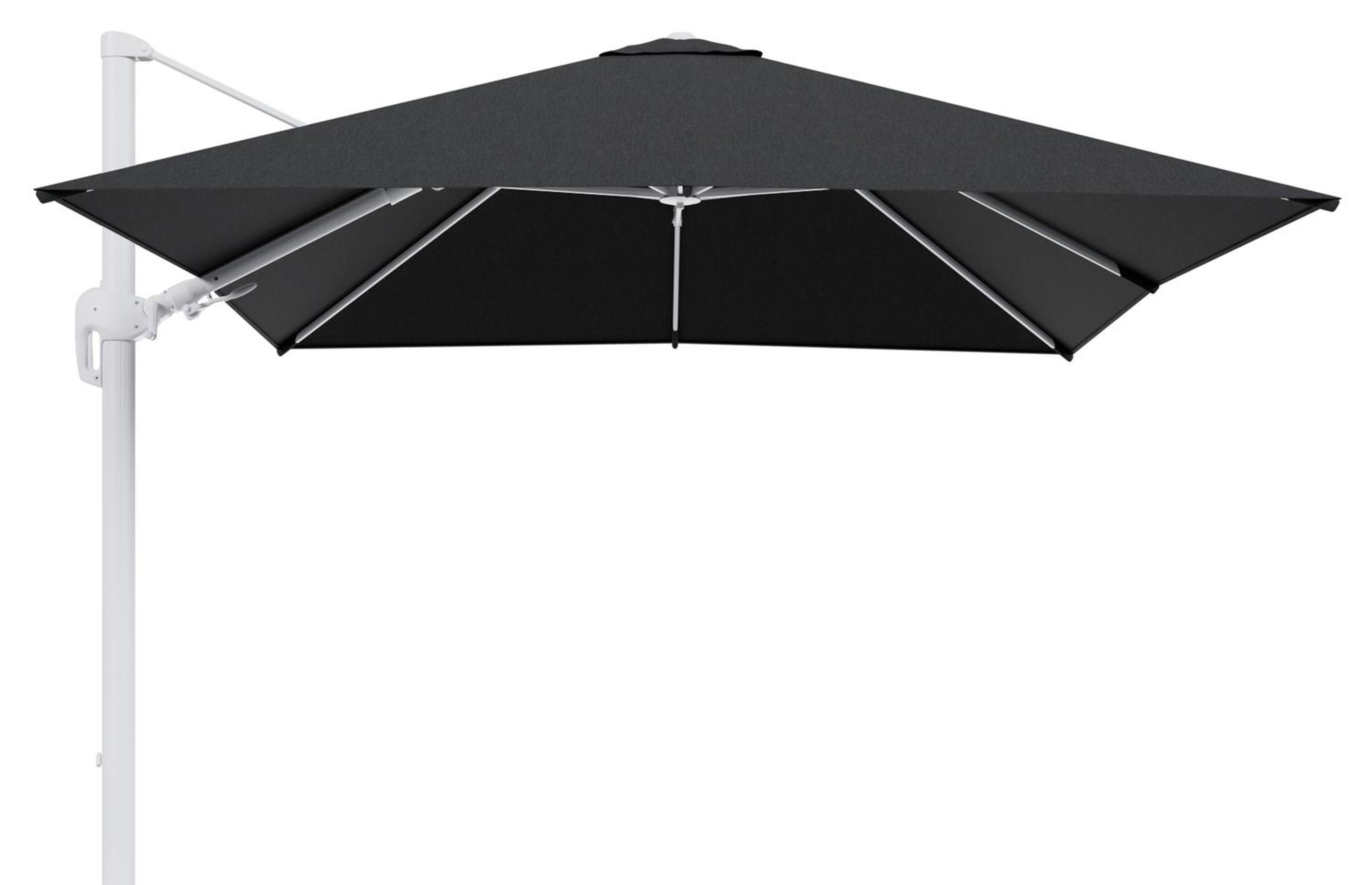 Rufina zweefparasol tiltfunctie in wit aluminium en parasoldoek in All Weather Sunbrella® Luxe Chartres Sooty  - L1 300 x L2 300 cm (zonder voet)