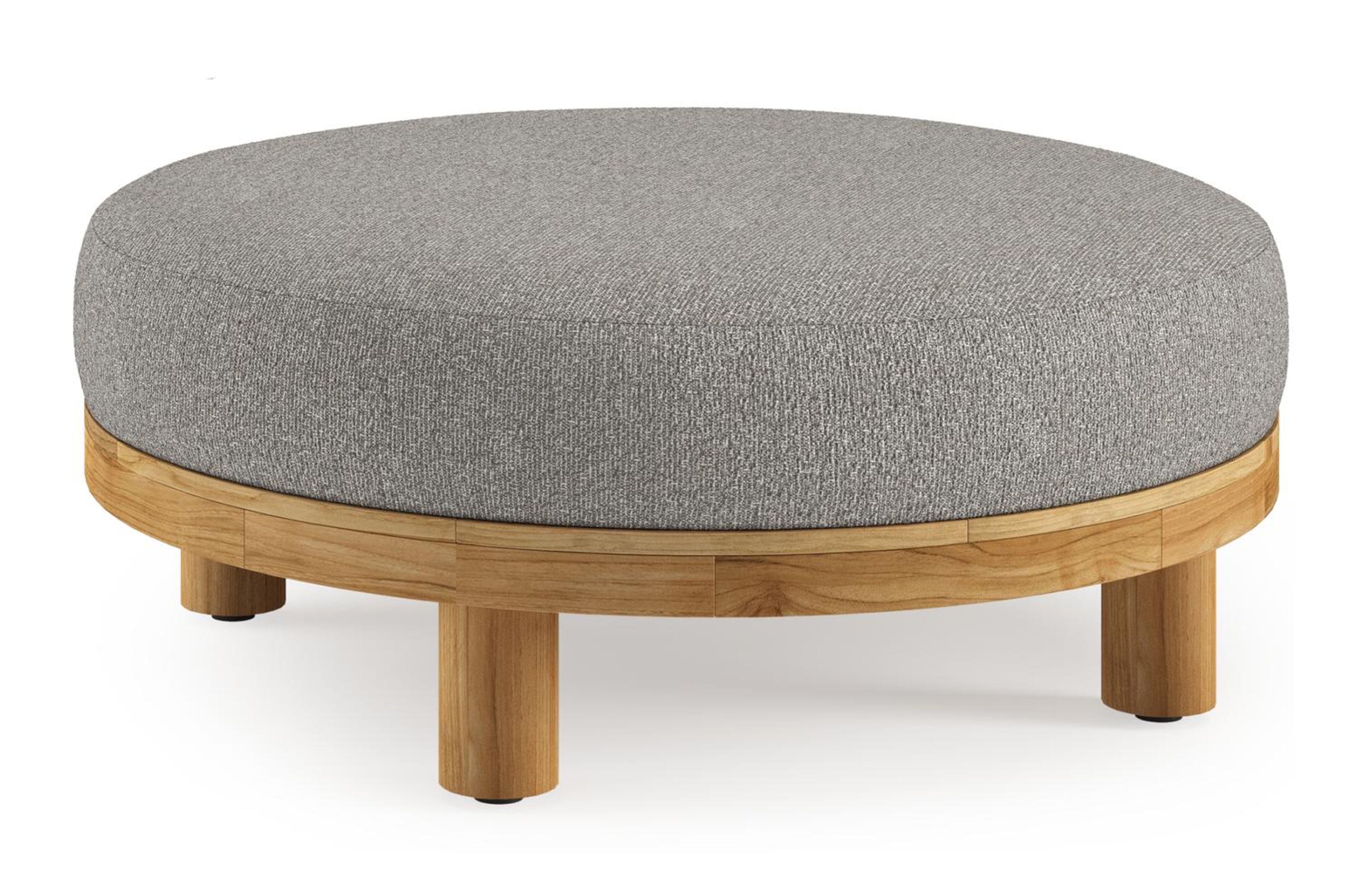 Donato lounge poef in teak en beige verticaal geweven ronde rope met all weather sunbrella® luxe Tundra Charcoal kussen