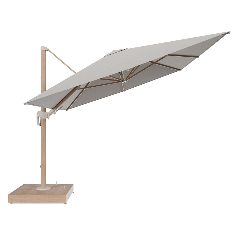 Rufina zweefparasol met tiltfunctie in houtlook aluminium en Firenze Sand All Weather Solica parasoldoek - L1 400 x L2 300 cm met parasolvoet Minore 260 kg met wielen