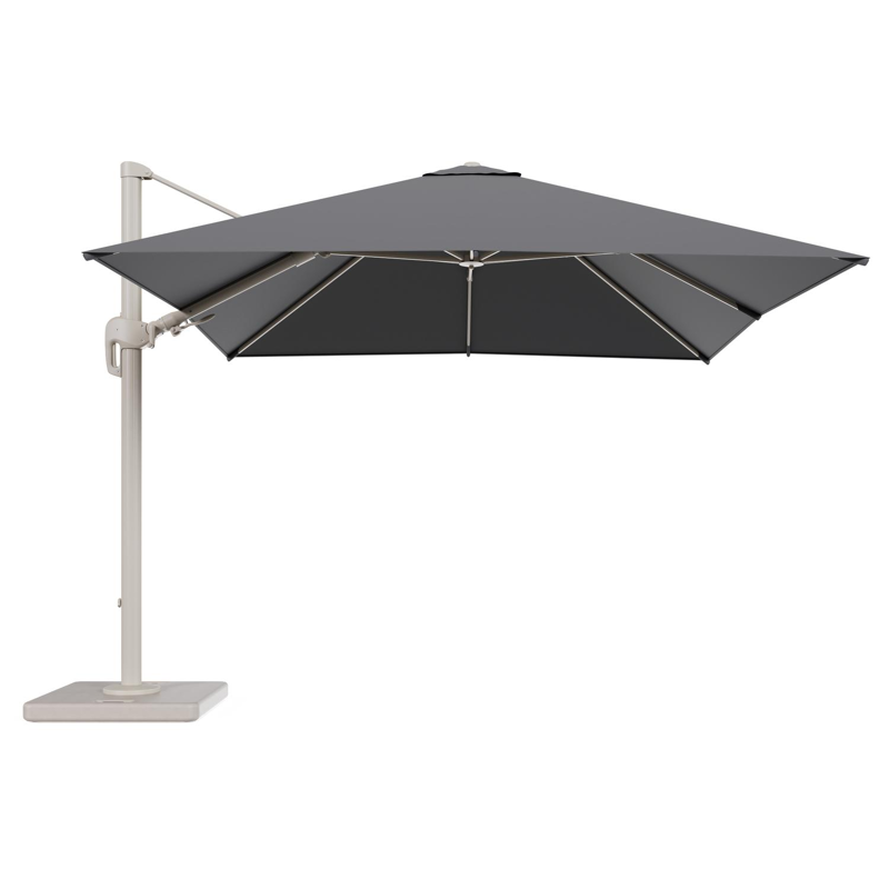 Rufina zweefparasol tiltfunctie in beige aluminium en parasoldoek in All Weather Sunbrella® Luxe Natte Charcoal Chine - L1 300 x L2 300 cm met parasolvoet Lapido 120 kg