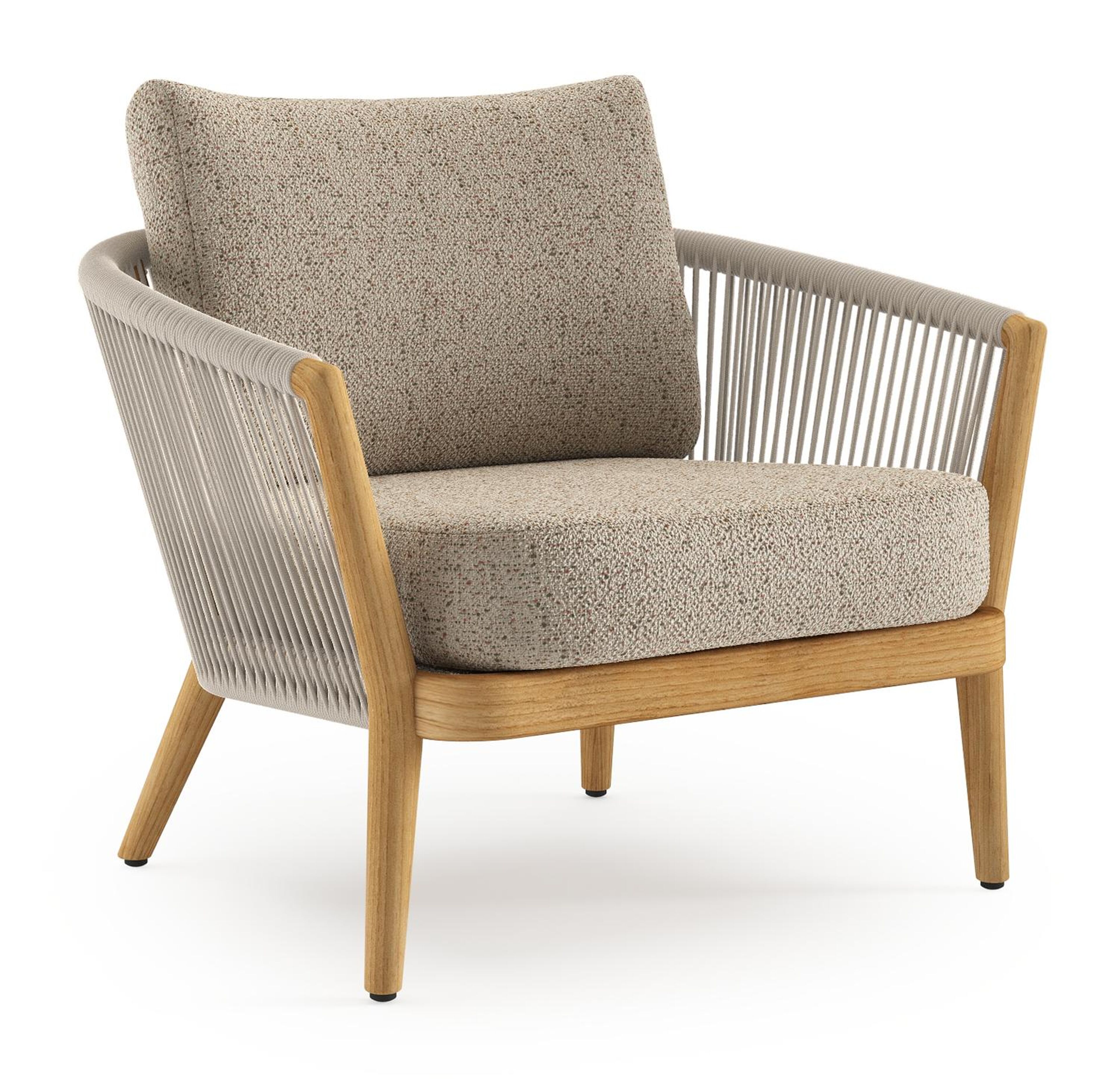 Fauteuil de jardin Orso en tecken corde ronde tissée verticalement beige et coussins en all weather cosytica Bora Jungle