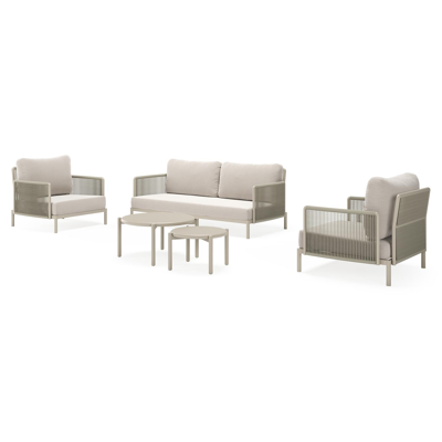 Amarante loungeset in beige aluminium en beige verticaal geweven ronde rope met beige Weather+ Softtouch kussen