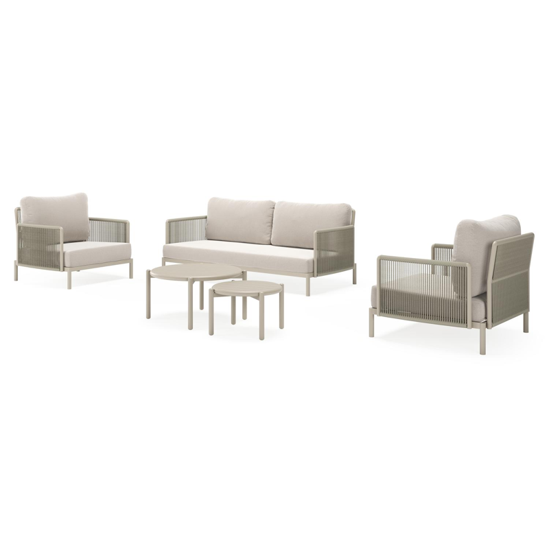 Amarante loungeset in beige aluminium en beige verticaal geweven ronde rope met beige Weather+ Softtouch kussen