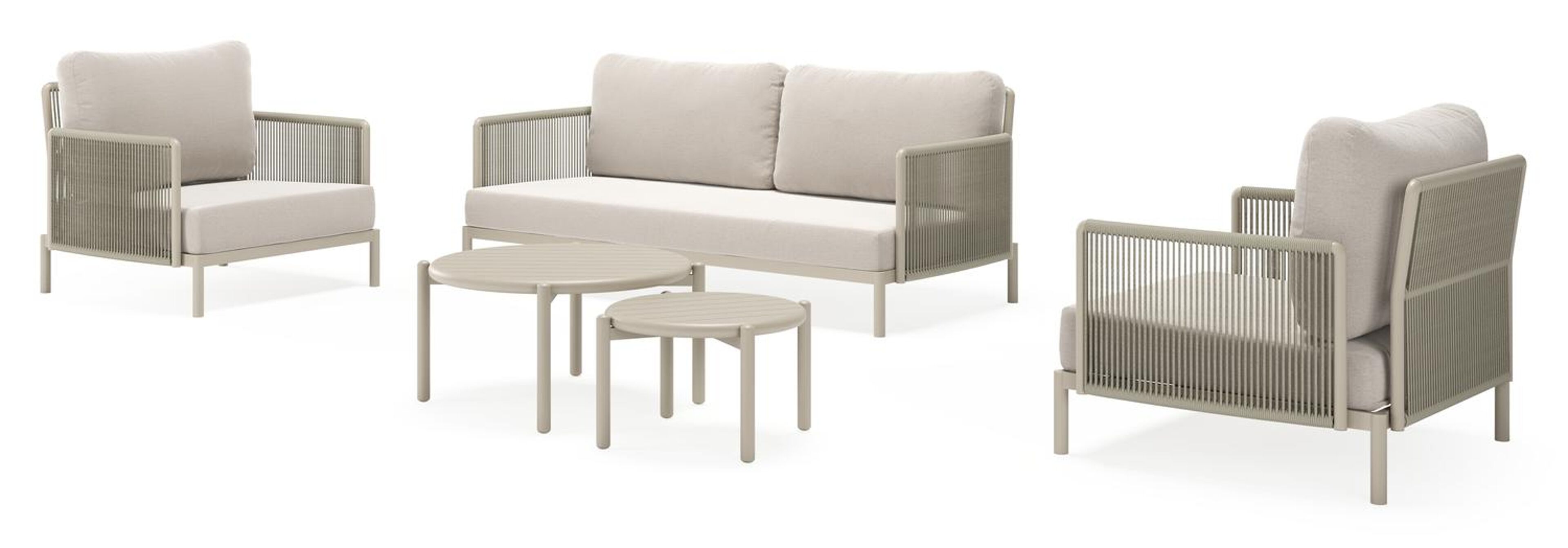 Amarante loungeset in beige aluminium en beige verticaal geweven ronde rope met beige Weather+ Softtouch kussen