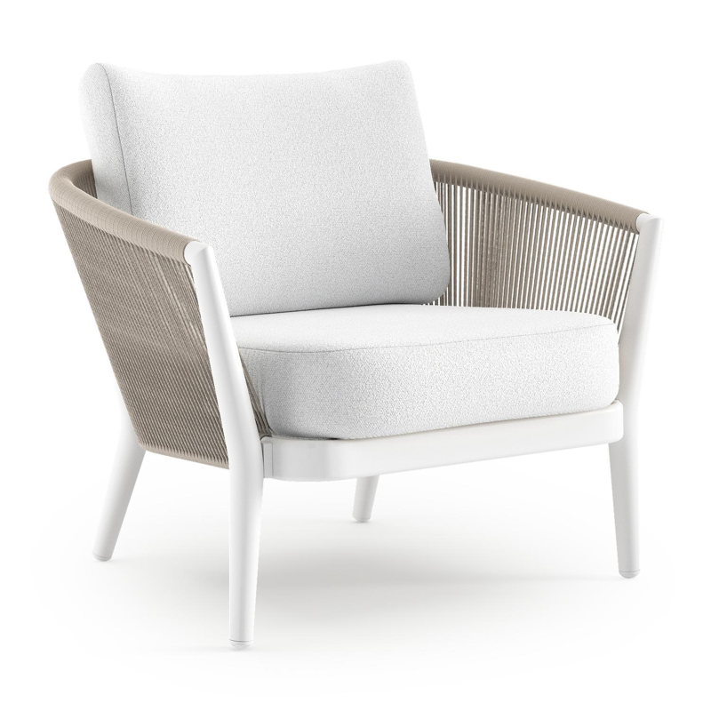 Fauteuil de jardin Orso en aluminium blanc en corde ronde tissée verticalement beige et coussins en all weather solica Ego Birch