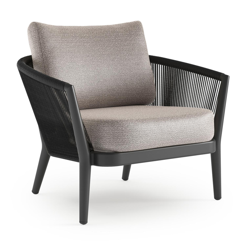 Orso loungestoel in zwart aluminium en zwart verticaal geweven ronde rope met Wander Granite all weather sunbrella® luxe kussen