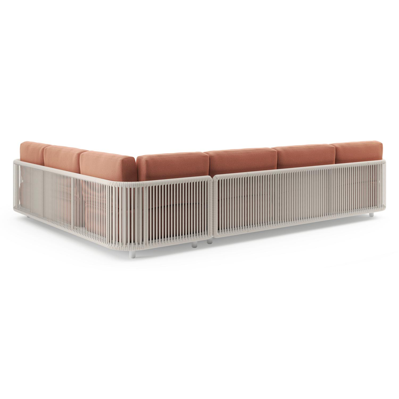 Organo loungehoek in wit aluminium en beige verticaal geweven luxe vlakke rope met heritage rust all weather Sunbrella® luxe kussen