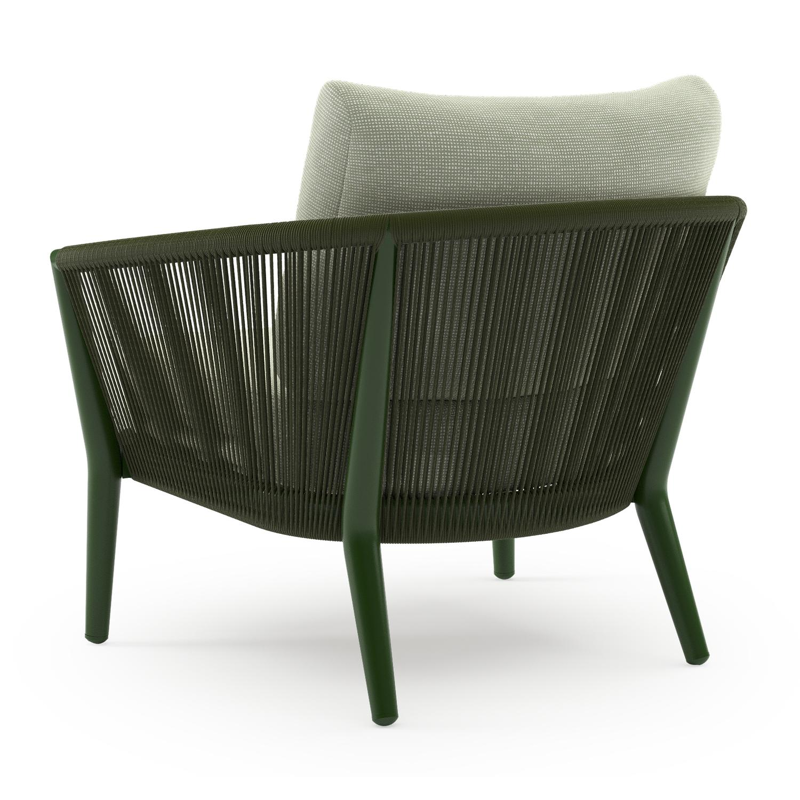 Orso loungestoel in groen aluminium en groen verticaal geweven ronde rope met Slow Spirea all weather sunbrella® luxe kussen