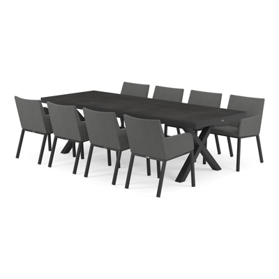 Reza tuinset in zwart aluminium en zwart volkeramiek tafelblad met 8 Rivo tuinstoelen