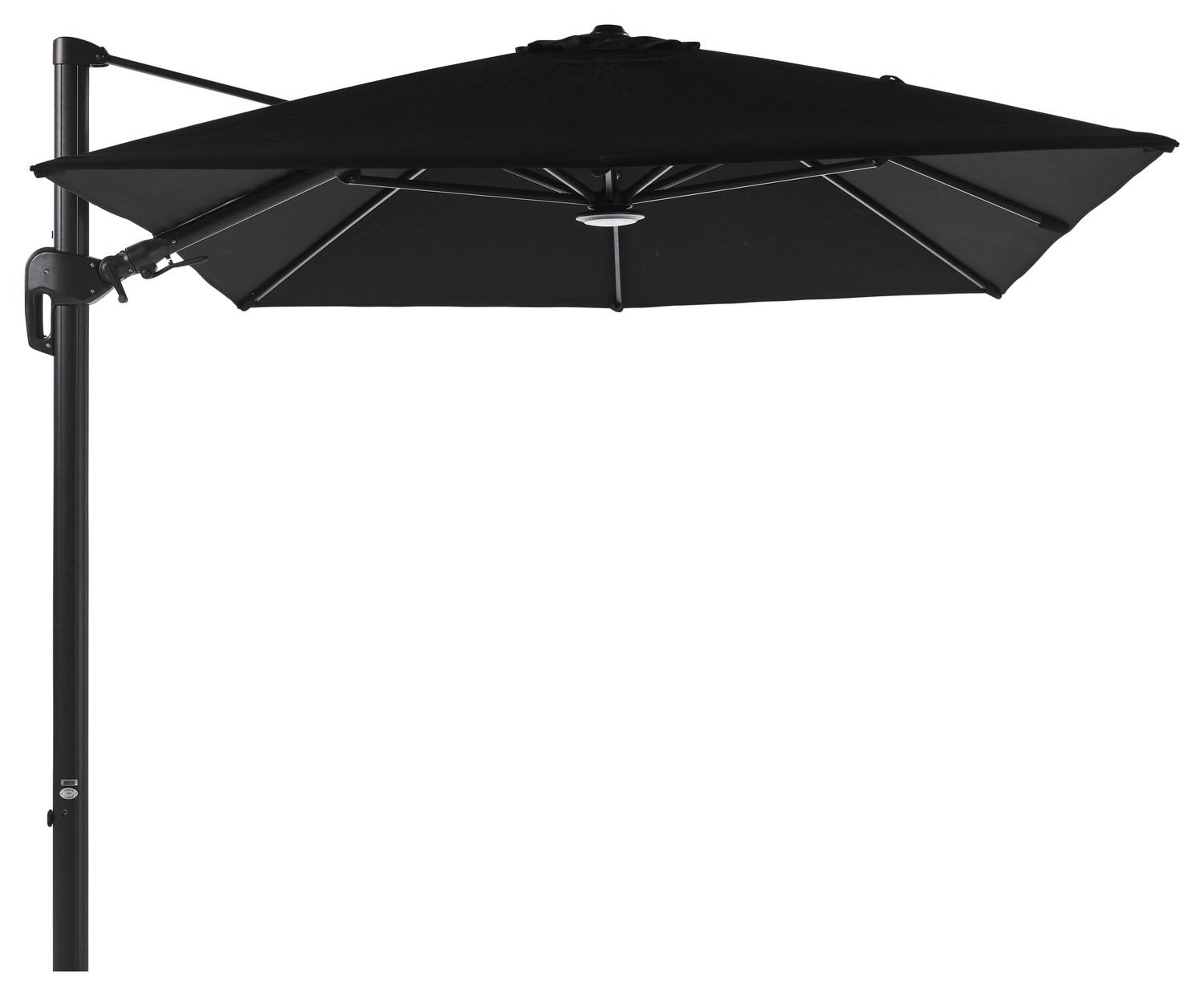 Rufina zweefparasol met tiltfunctie in zwart aluminium met zwart sunbrella® premium parasoldoek - L1 250 x L2 350 cm (zonder voet)