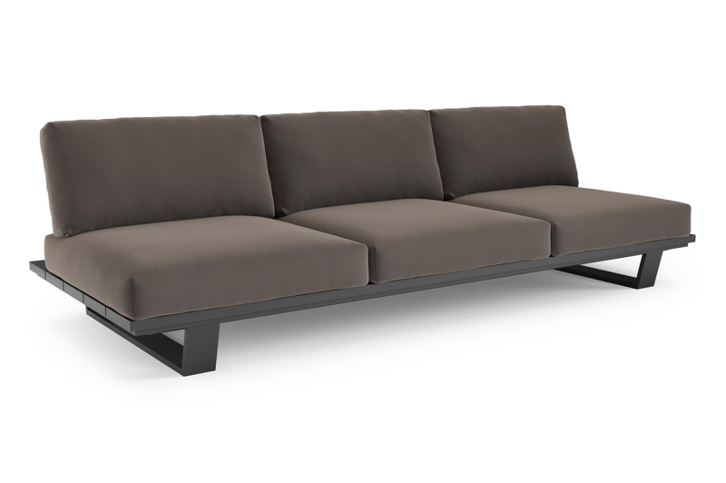 Canapé de jardin Pagino en aluminium noir et coussins en all weather sunbrella® luxe natte nature grey