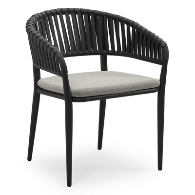 Tolfa stapelbare tuinstoel in zwart aluminium en zwart verticaal geweven luxe vlakke brede rope met stoelkussen in All Weather Sunbrella® Luxe Savane Tunder