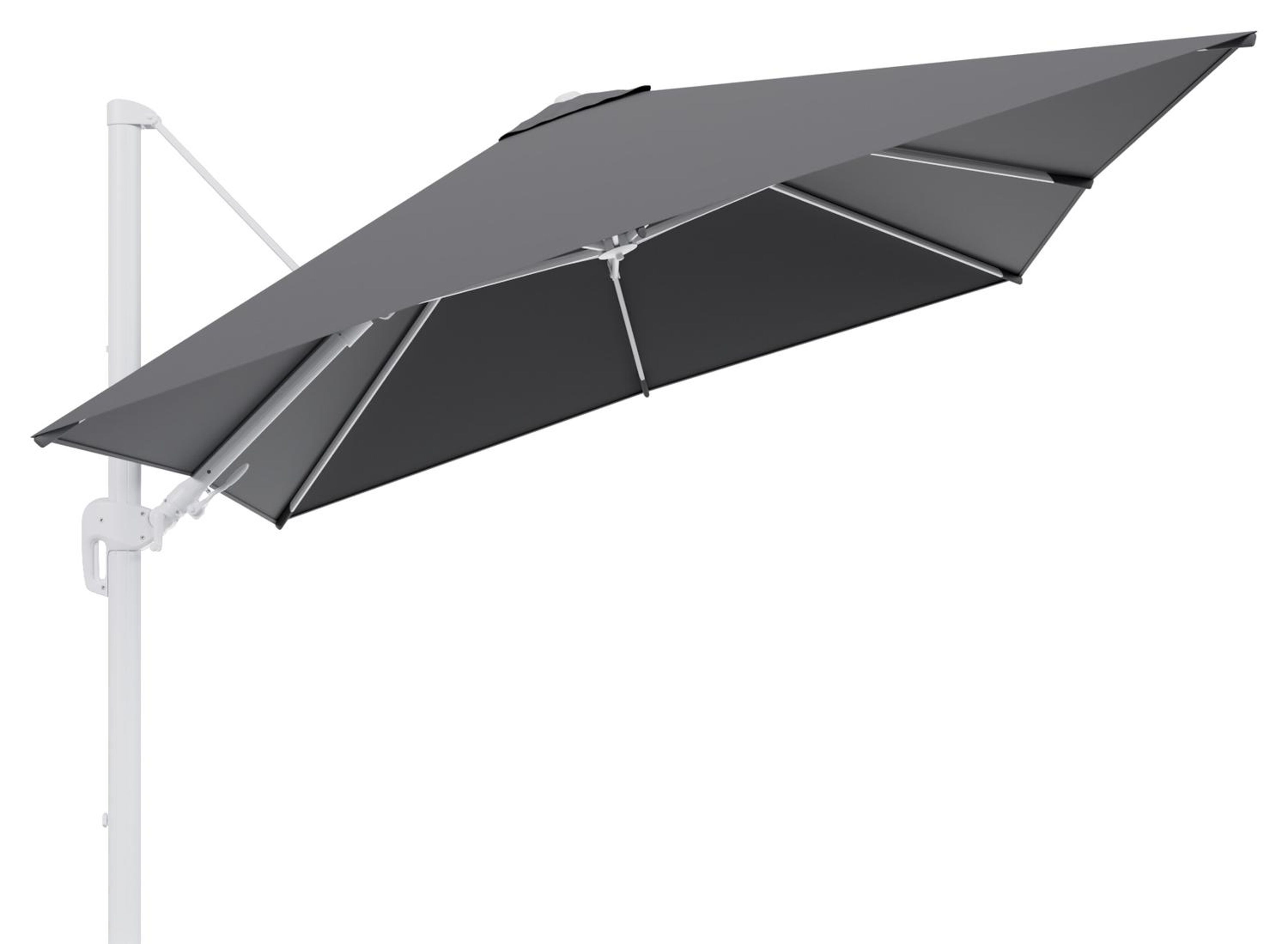 Parasol pendant Rufina avec fonction tilt en aluminium blanc avec toile de parasol en all weather sunbrella® luxe natte charcoal chine - Larg1 300 x Larg2 300 cm (sans pied de parasol)