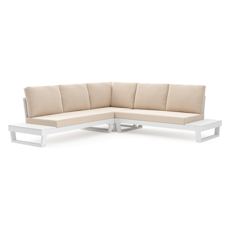 Modica loungehoek in wit aluminium met natte linen chalk all weather sunbrella premium kussen