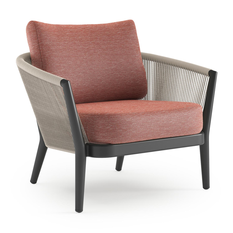Fauteuil de jardin Orso en aluminium noir en corde ronde tissée verticalement beige et coussins en all weather sunbrella® luxe Slow Alezan