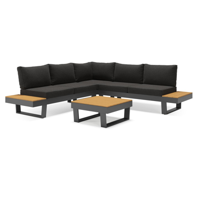 Alora loungehoek in zwart aluminium en polywood met zwart Weather+ Softtouch kussen en loungetafel