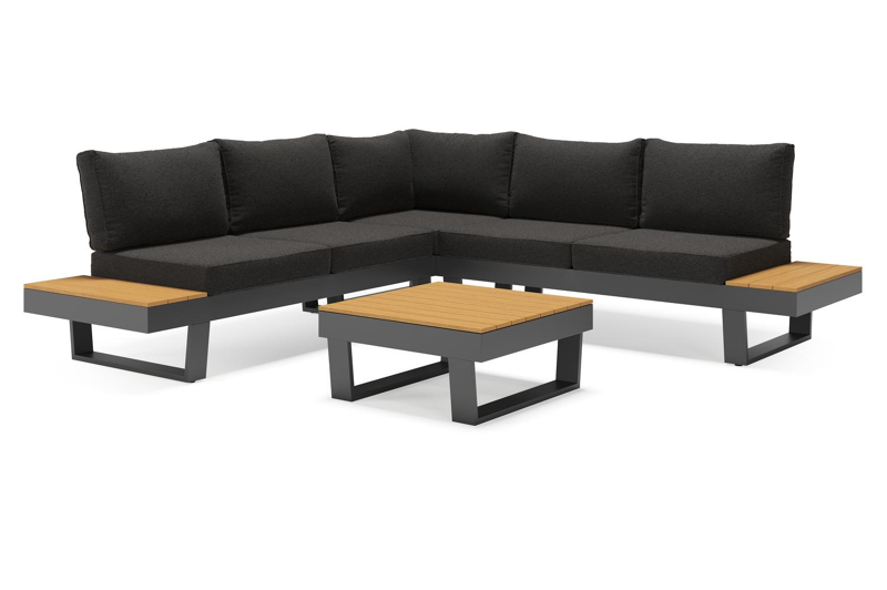 Alora loungehoek in zwart aluminium en polywood met zwart Weather+ Softtouch kussen en loungetafel