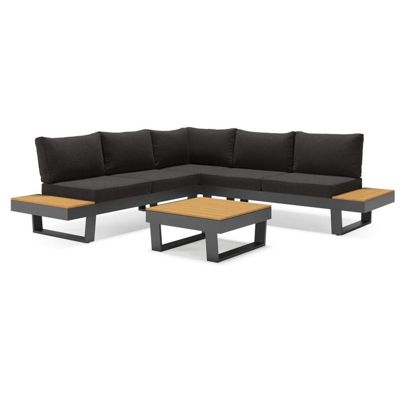 Alora loungehoek in zwart aluminium en polywood met zwart Weather+ Softtouch kussen en loungetafel