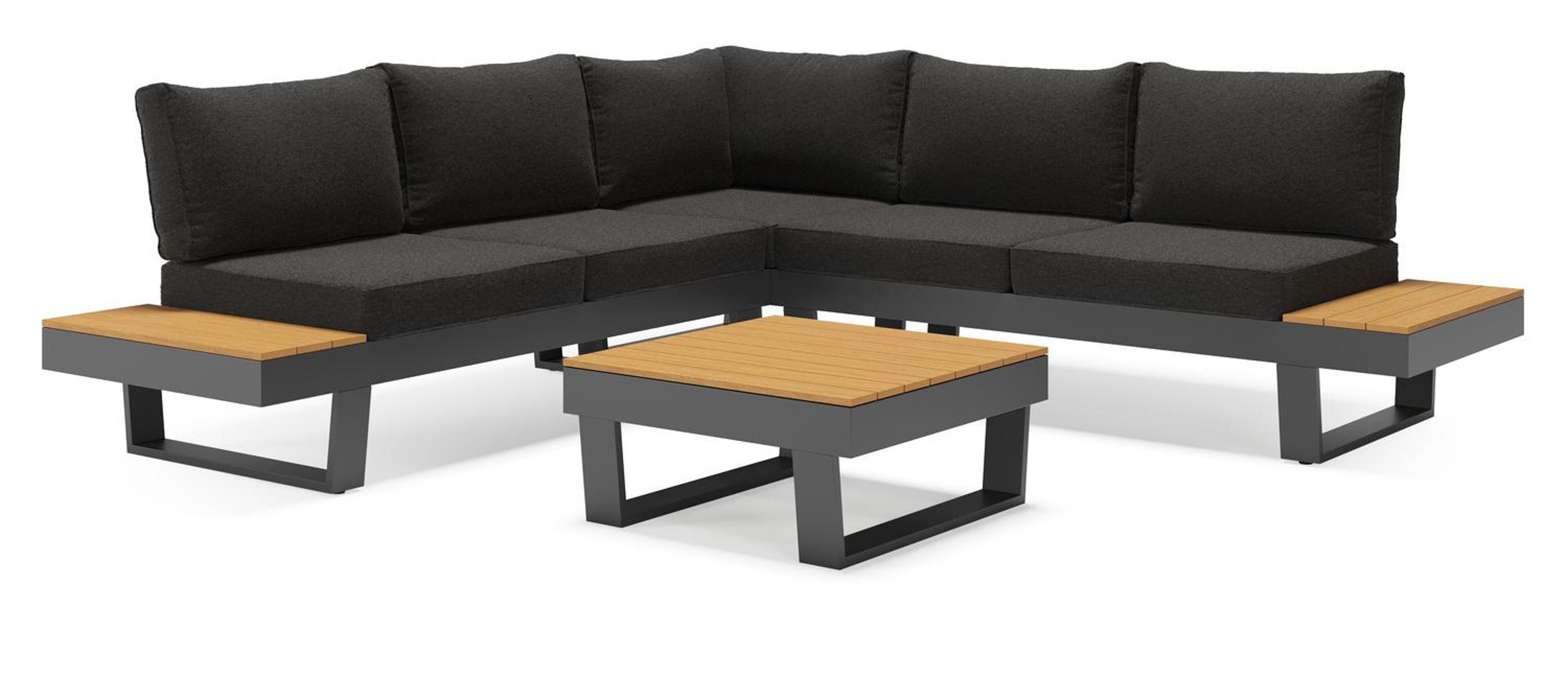 Salon de jardin Alora en aluminium noir et coussins en Weather+ Softtouch beige et table basse