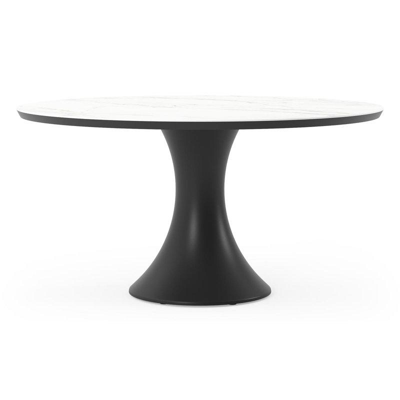 Table de jardin Fano ronde en aluminium noir et céramique pleine Calacatta - Diam. 148 x Haut. 75 cm