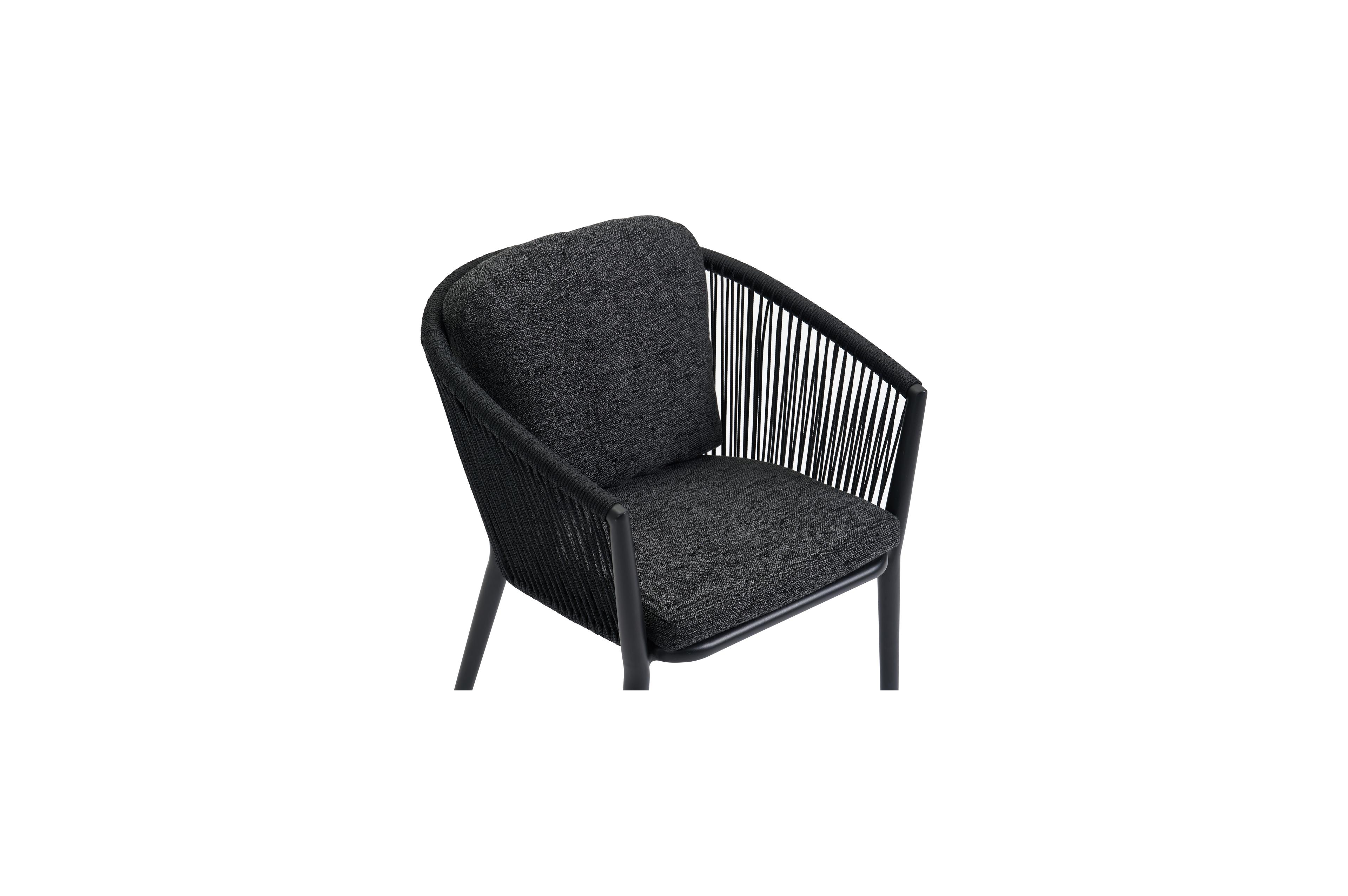 Chaise de jardin Orso en aluminium noir et corde ronde tissée verticalement noir avec coussin luxe en All Weather Sunbrella® Luxe Chartres Sooty