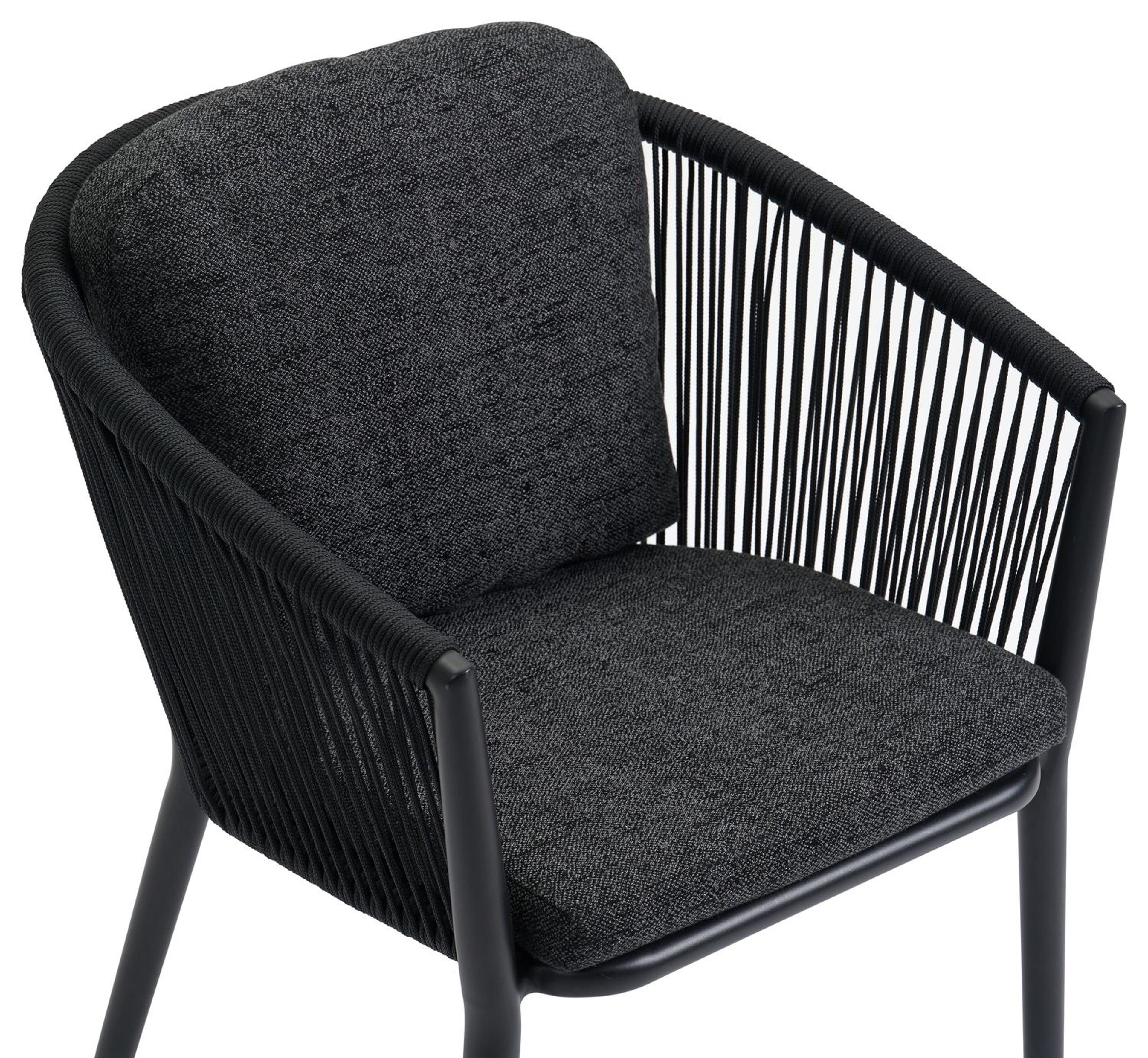 Orso tuinstoel in zwart aluminium en zwart verticaal geweven ronde rope met luxe zitkussen in All Weather Sunbrella® Luxe Chartres Sooty