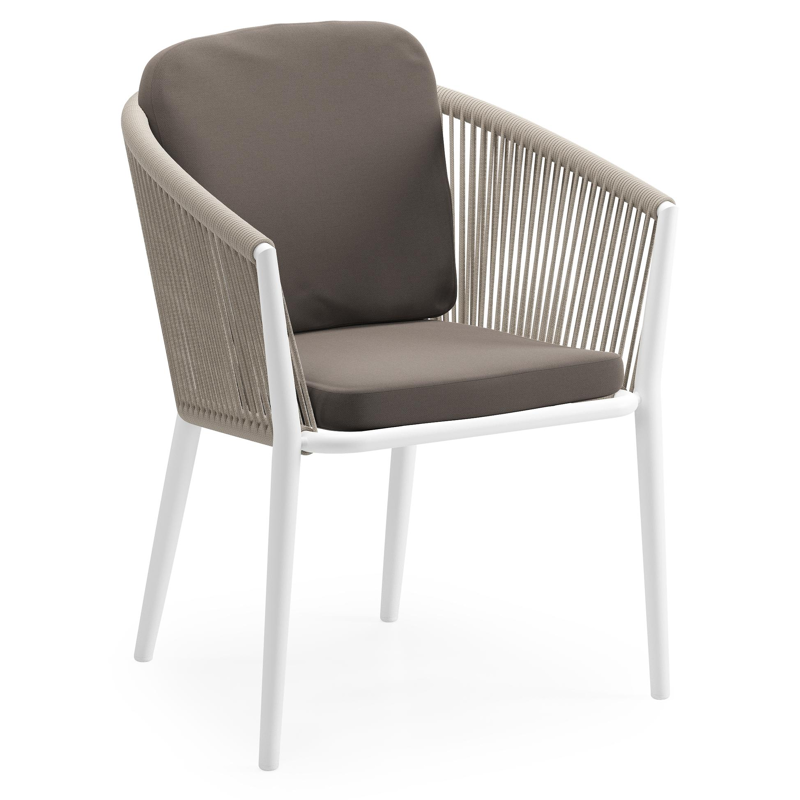 Orso tuinstoel in wit aluminium en beige verticaal geweven ronde rope met luxe zitkussen in All Weather Sunbrella® Luxe Natte Nature Grey