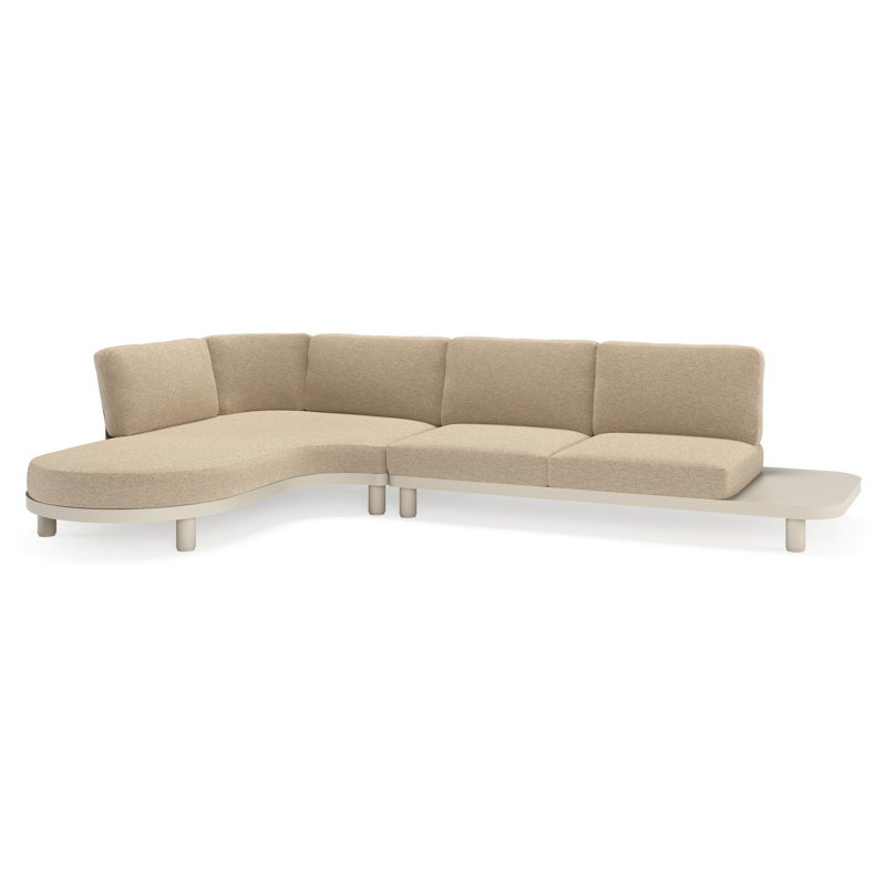 Donato loungehoek in beige aluminium met madagascar oak all weather cosytica kussen