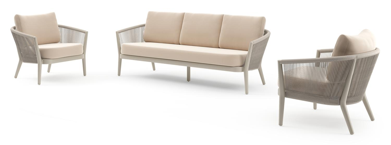 Orso loungeset in beige aluminium en beige verticaal geweven ronde rope met Natte Linen Chalk all weather sunbrella® luxe kussen